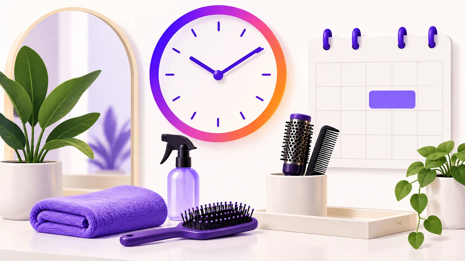 A clock beside a calendar card and salon tools prepared for an appointment