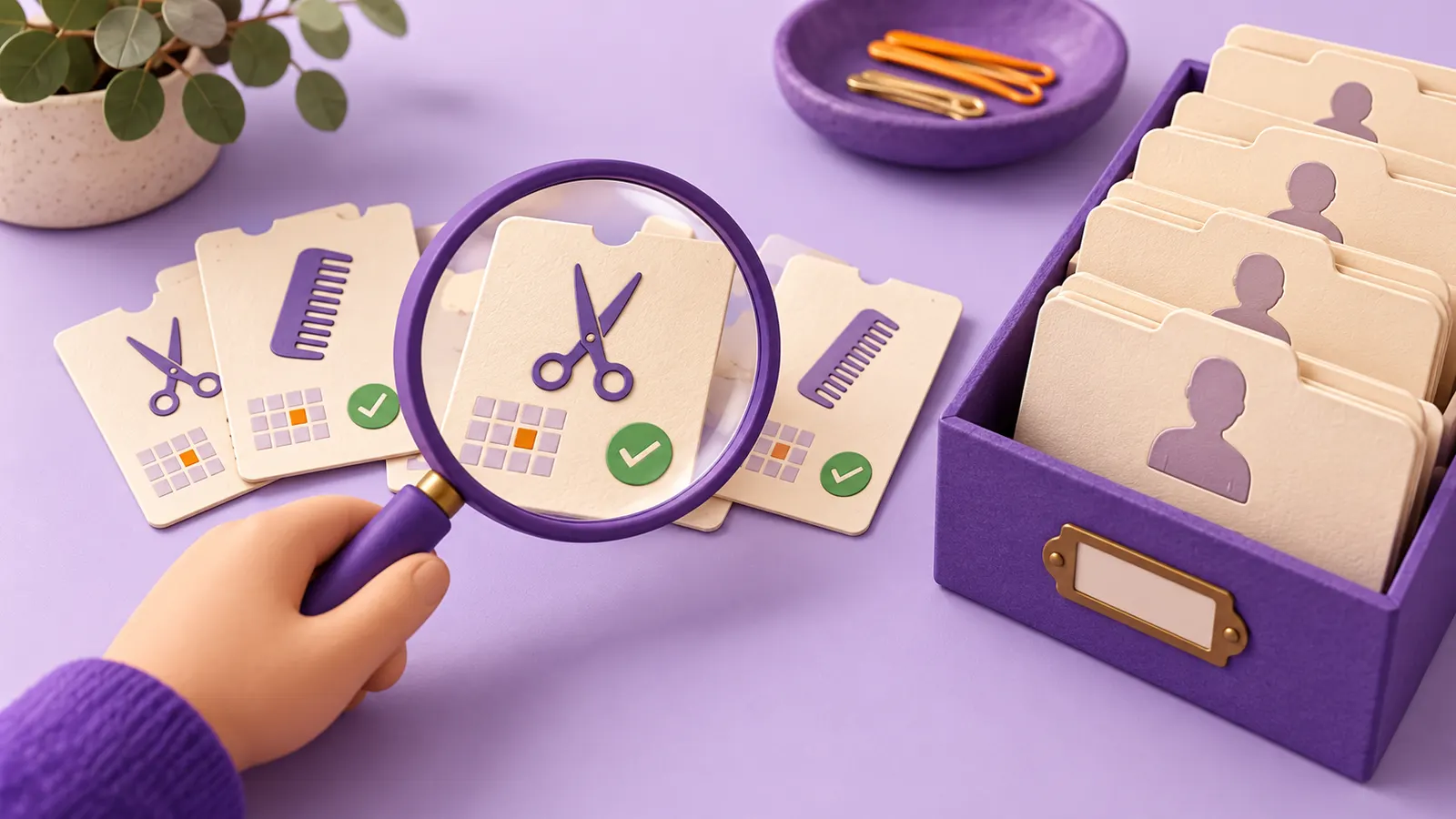 A violet magnifying glass over paper appointment cards with scissors, calendar and check symbols beside a tray of client cards