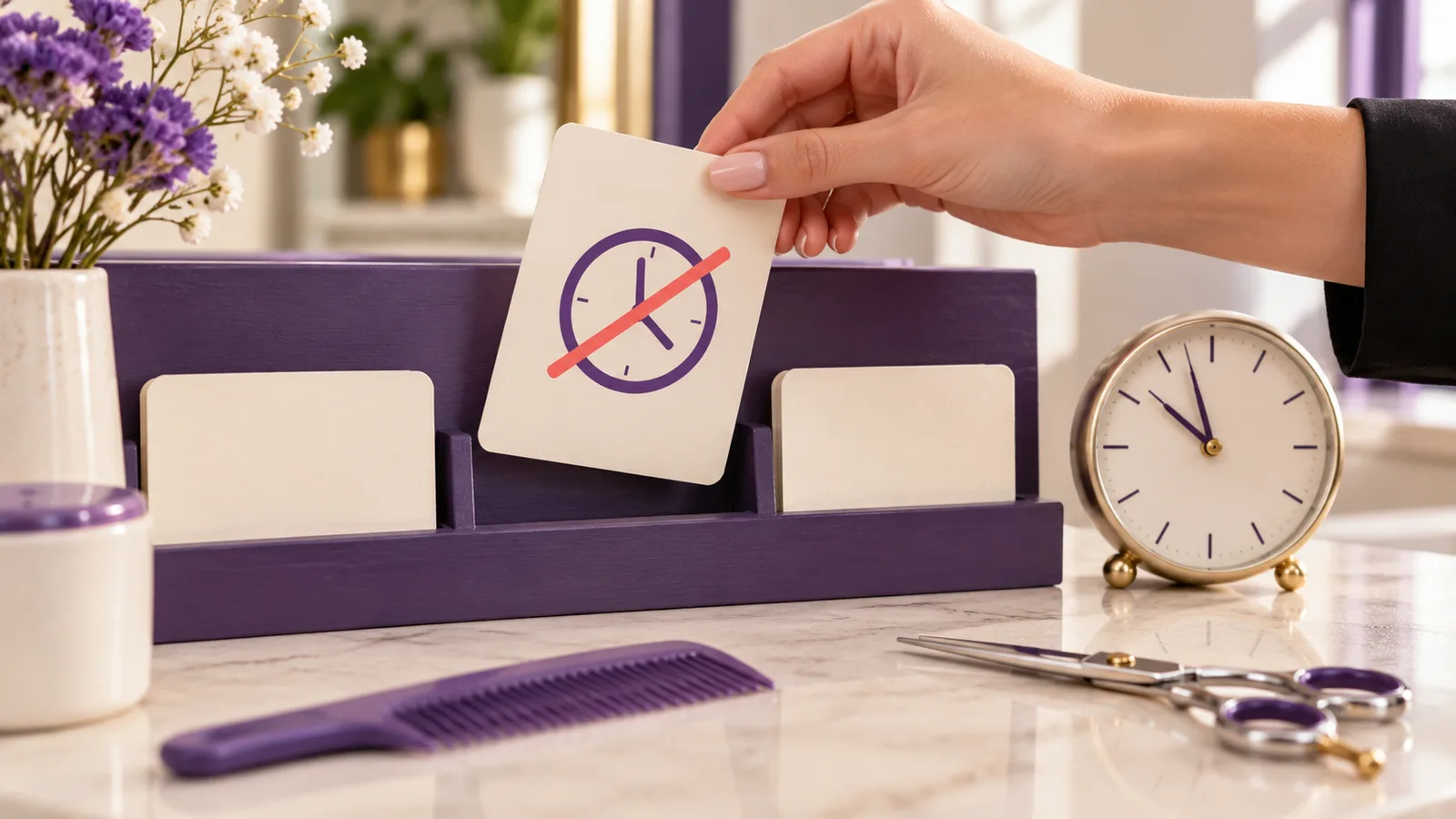 A hand removing a card with a crossed-out clock from a violet appointment organizer beside a desk clock and salon tools