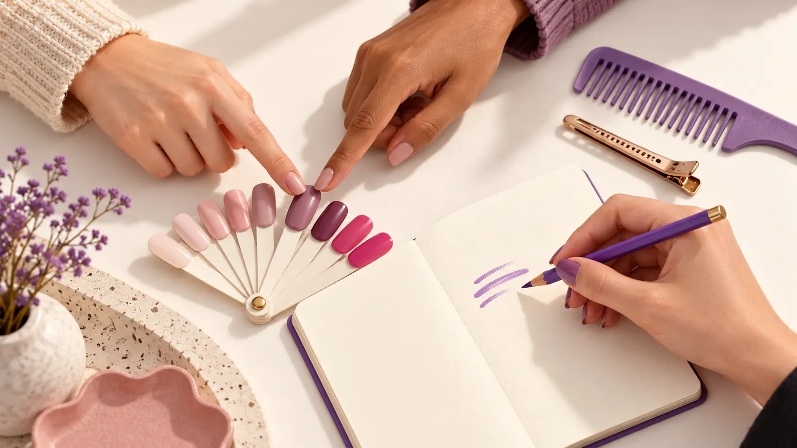 Hands choosing a mauve nail-color sample beside an open notebook, violet pencil, comb and hair clip