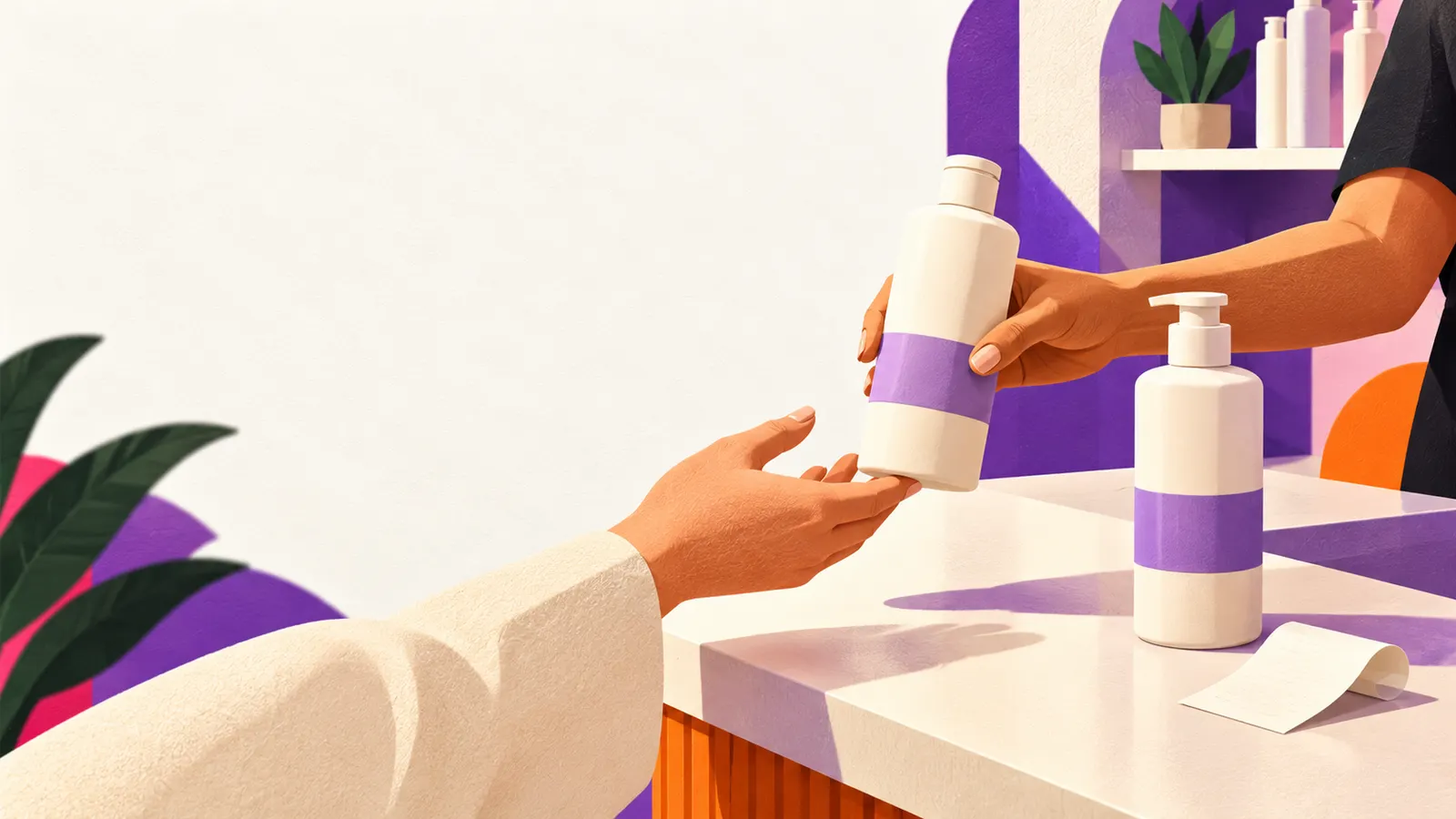 Two hands passing an unbranded shampoo bottle across a counter beside a second bottle and a paper receipt