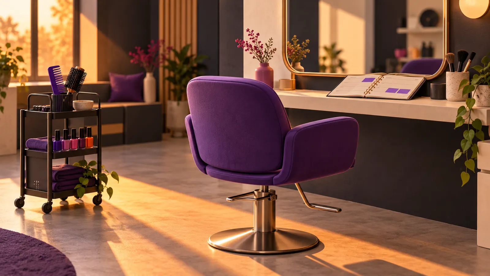 An empty violet styling chair beside salon tools and an appointment planner with open spaces in warm afternoon light