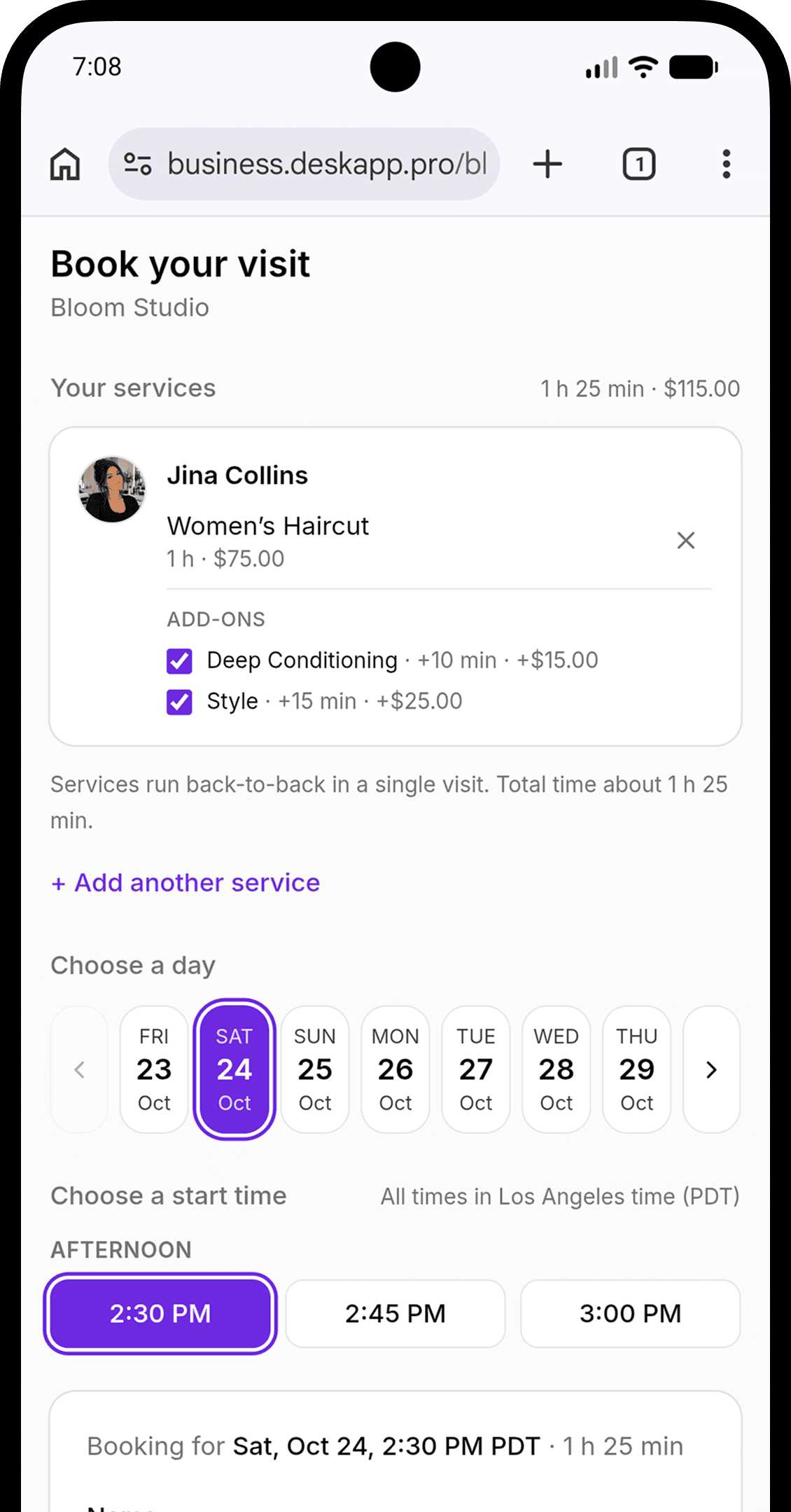 Desk booking page for Bloom Studio with a selected service, add-ons, date, and appointment time
