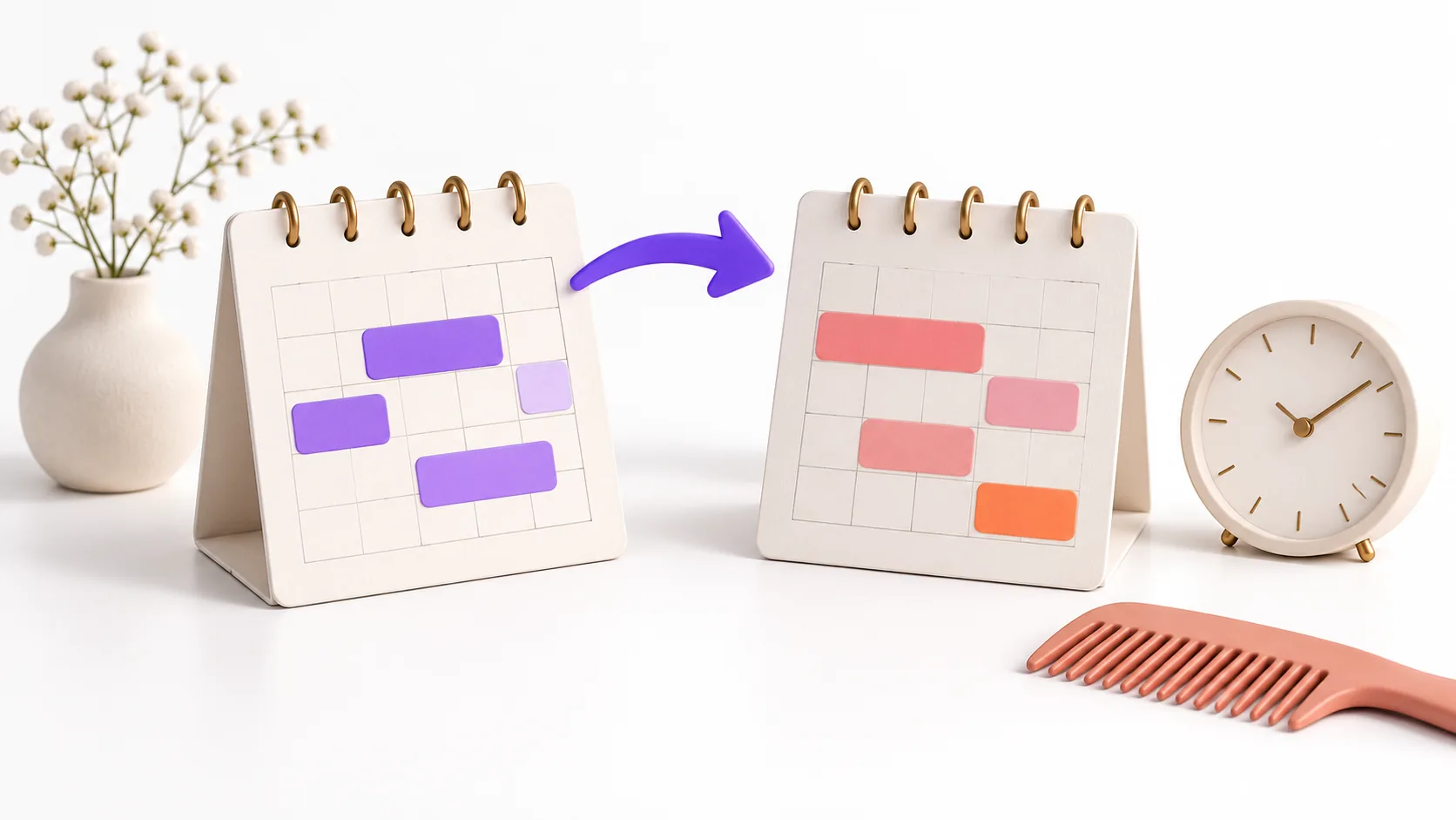 Dos calendarios de papel con bloques de citas violetas y coral, una flecha en una dirección, un reloj y un peine
