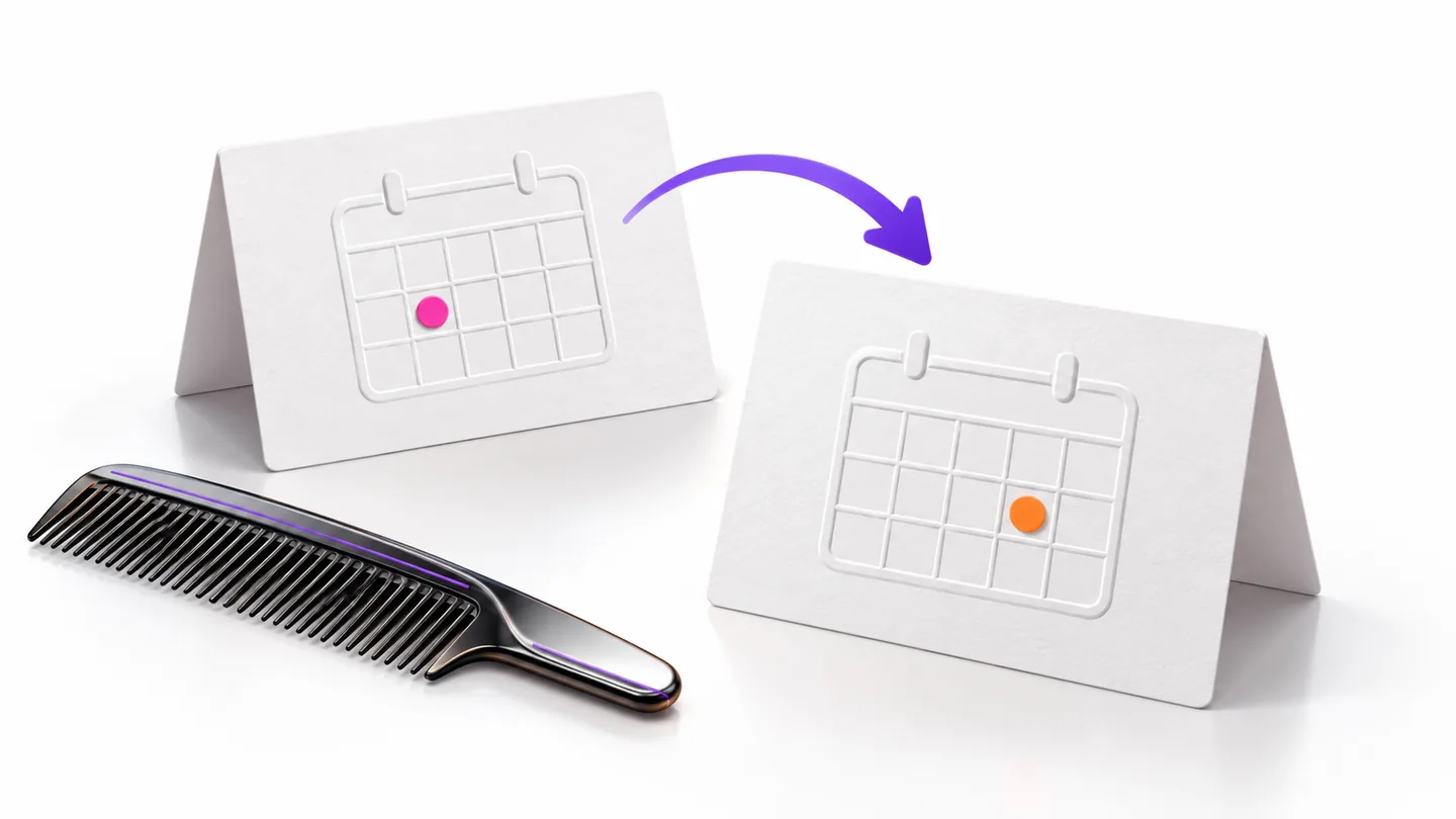 Dos tarjetas de citas con cuadrículas de calendario, unidas por una flecha hacia adelante, junto a un peine de barbería