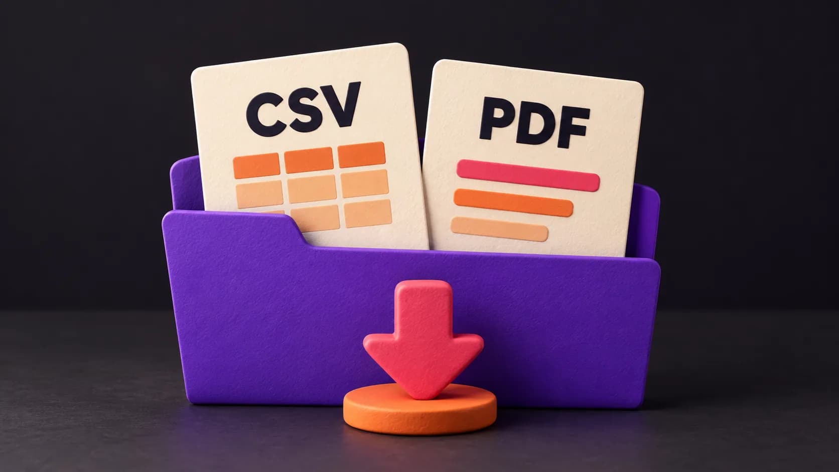 A violet folder holding report cards labeled CSV and PDF, with a coral export arrow on a charcoal background