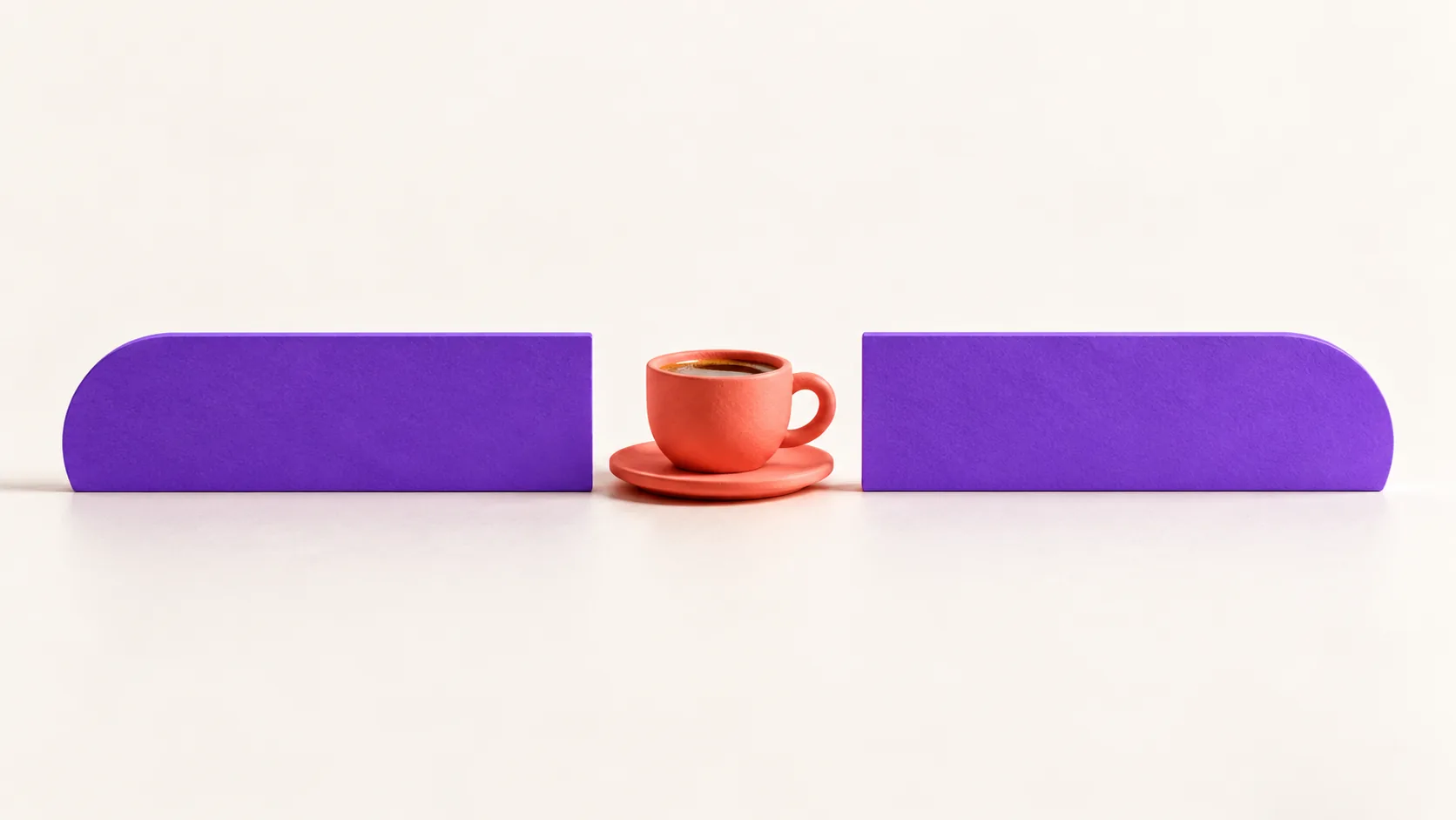 Two violet sections of a paper workday strip separated by a gap holding a coral coffee cup