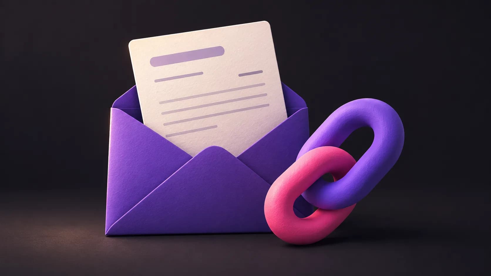 Una tarjeta de factura color crema entrando en un sobre violeta junto a un símbolo de eslabones sobre fondo oscuro