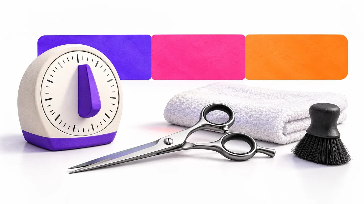 Un temporizador analógico junto a tijeras de barbería, una toalla y un cepillo de limpieza, con tres bloques de tiempo de colores detrás