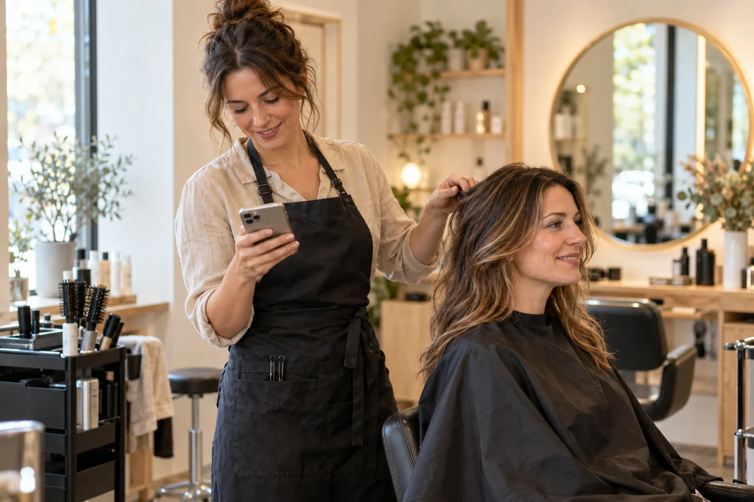 A hair stylist checks her schedule on her phone while her client sits in the chair