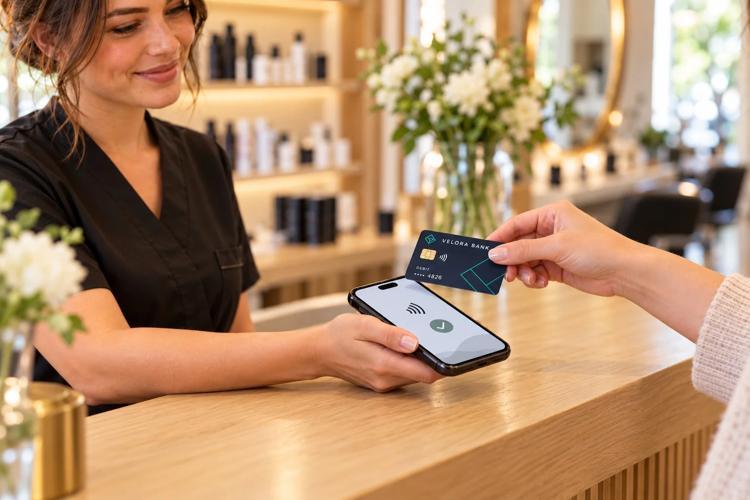 A salon stylist holds a phone while a client taps a contactless card to pay