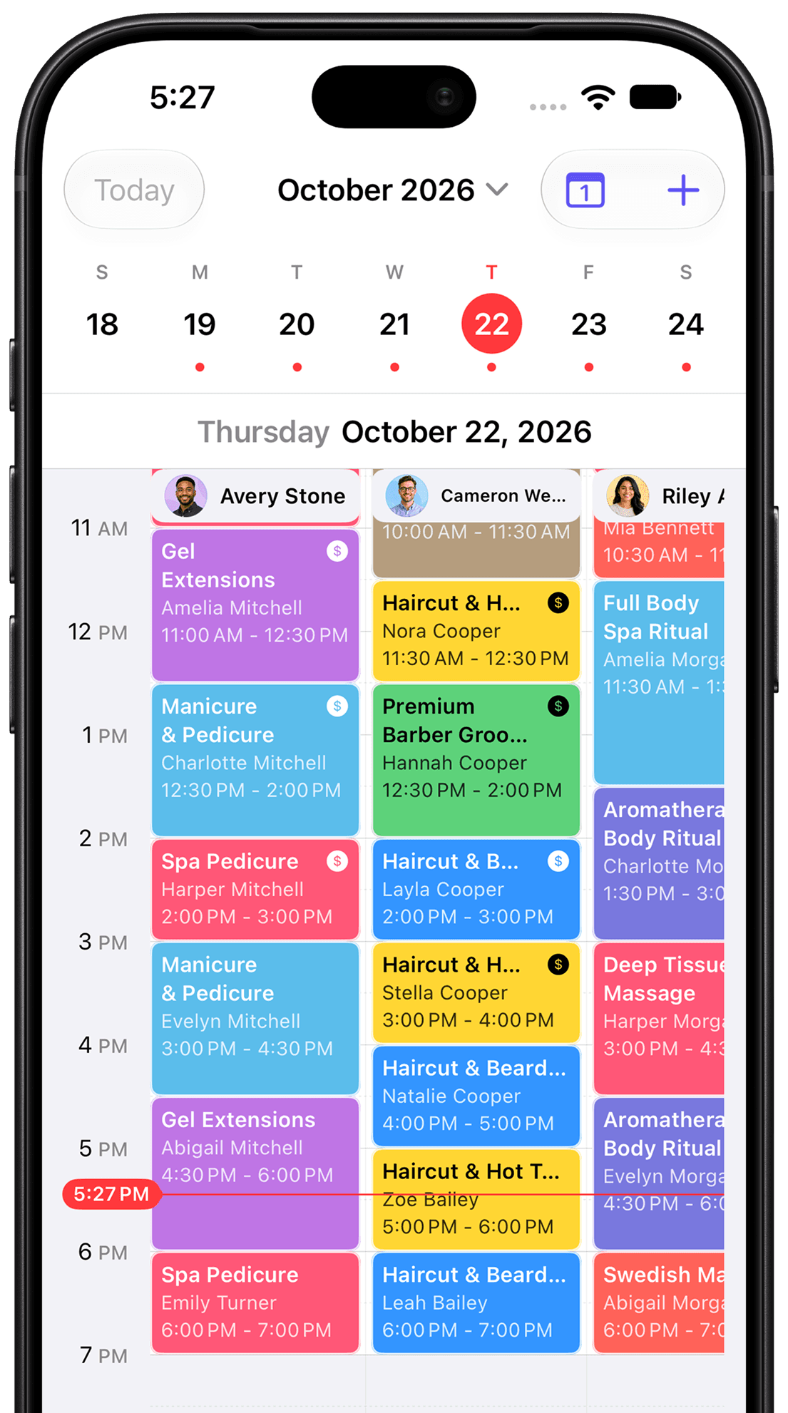Desk iPhone app showing a day of appointments across team members